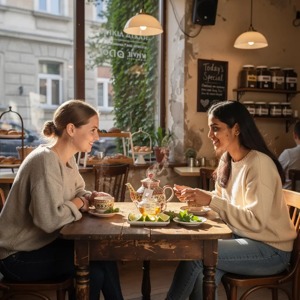 Mosambi arbatos mišinio ingredientai, išdėstyti ant medinio stalo.