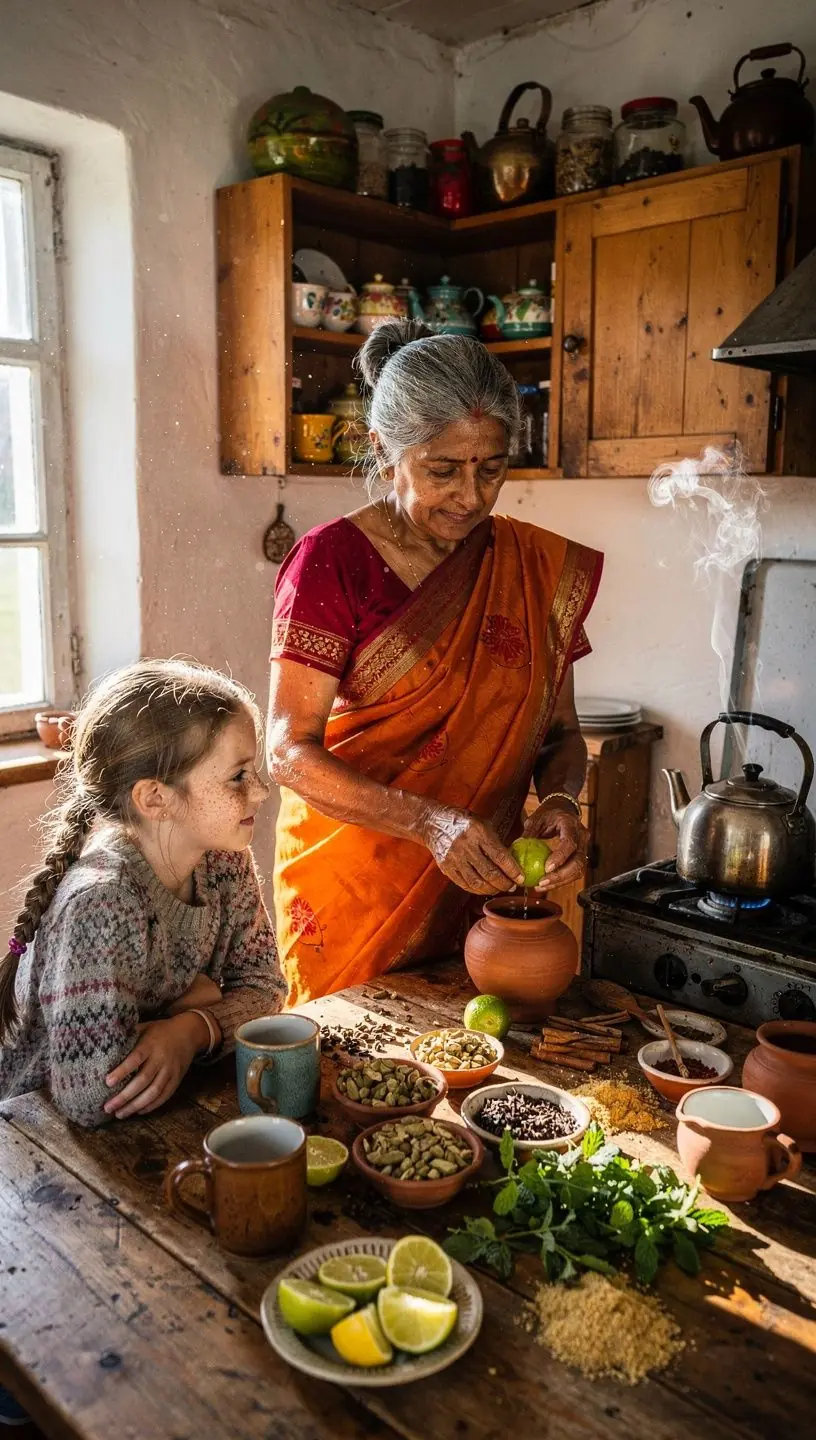Indiškos tradicinės arbatos ceremonija, demonstruojanti širdies sveikatą.